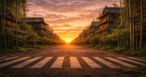 夕焼けの直線道路と瓦屋根の木造建物を竹林が囲む日本の街並み
