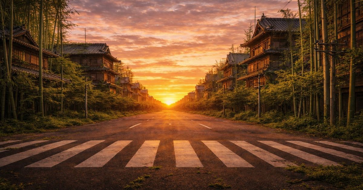 夕焼けの直線道路と瓦屋根の木造建物を竹林が囲む日本の街並み