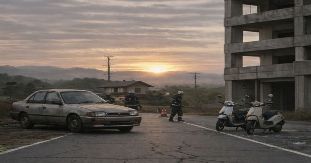 焼けた倉庫前に止められた乗用車とミニバイク、周囲を確認する警察官