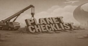 クレーン車がPLANET CHECKLISTの巨大文字を設置する建設現場のイラスト