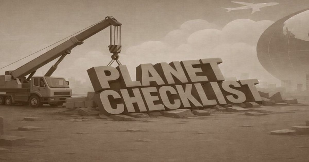 クレーン車がPLANET CHECKLISTの巨大文字を設置する建設現場のイラスト