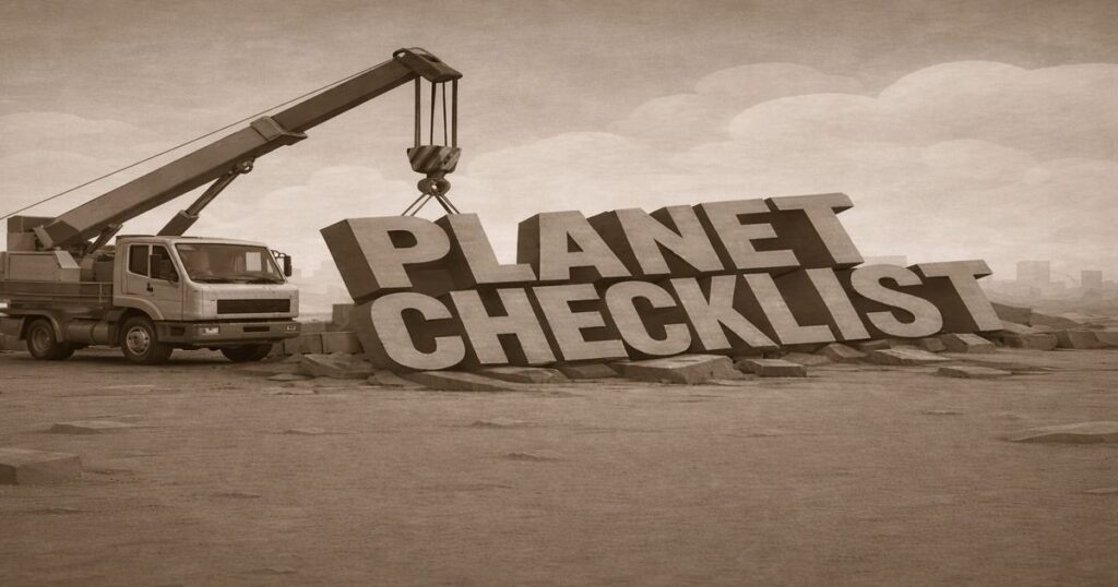 クレーン車がPLANET CHECKLISTの巨大文字を設置する建設現場のイラスト