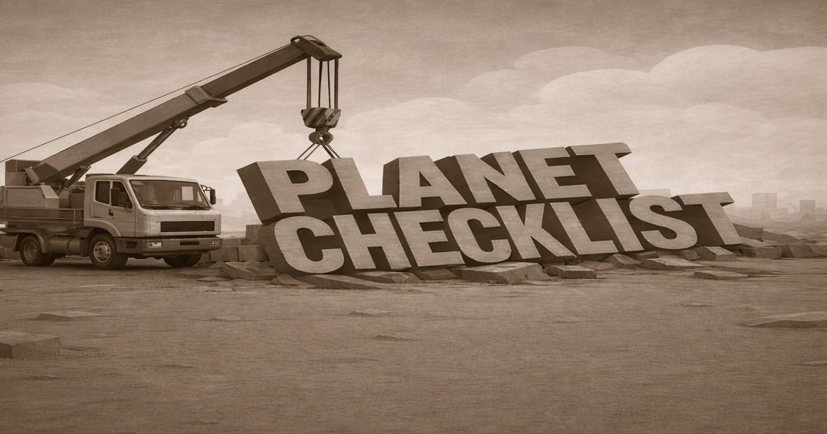 クレーン車がPLANET CHECKLISTの巨大文字を設置する建設現場のイラスト