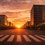 山梨県上野原市・扇山で山火事!住宅700mに迫る緊迫事態 夕焼けに染まる都市の直線道路と高層ビル街の実写風風景