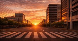 夕焼けに染まる都市の直線道路と高層ビル街の実写風風景