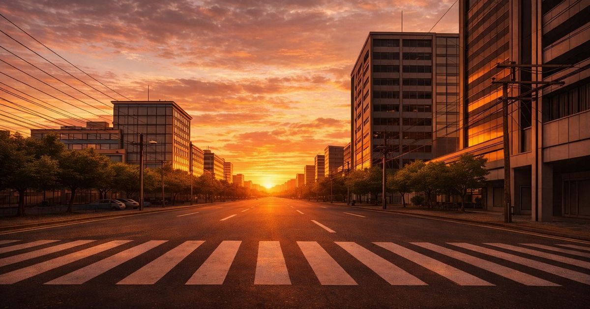 夕焼けに染まる都市の直線道路と高層ビル街の実写風風景