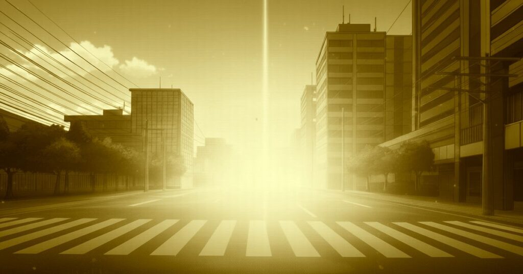 都市の交差点に強い光が差し込み、ビル街がシルエット状に浮かび上がる風景