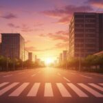 夕焼けに染まる都市部の交差点と一直線に伸びる道路風景