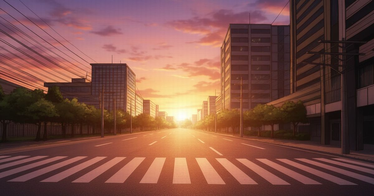 夕焼けに染まる都市部の交差点と一直線に伸びる道路風景